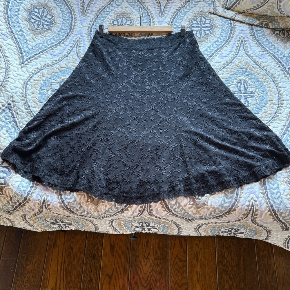 CAbi Black Lace A-Line Skirt, Stretchy waist, size L